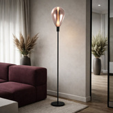 Lampa podłogowa Denso szklany klosz miedziany czarna metalowa do salonu