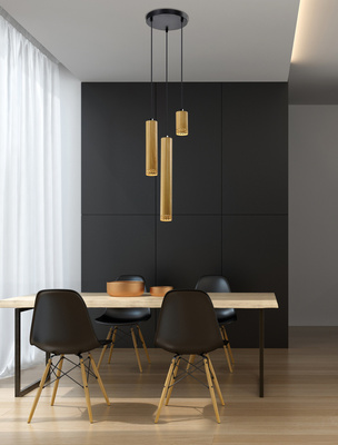 Lampa wisząca tuba Tubo czarna drewniana potrójna GU10 regulowana wysokość