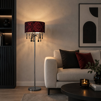 Lampa podłogowa Astor z welurowym abażurem i kryształkami do salonu 3-punktowa E14