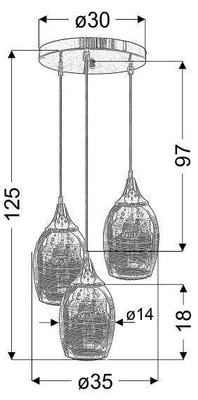 Lampa wisząca Marina szklane lustrzane klosze miedziane potrójna do jadalni