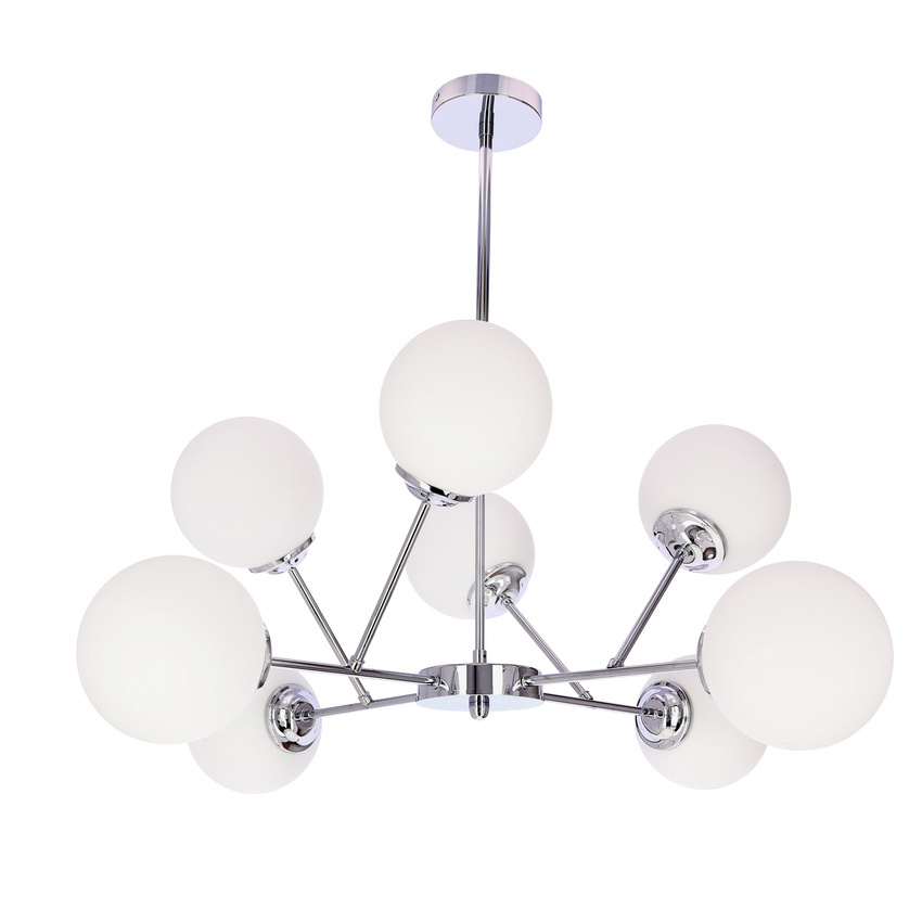 Lampa wisząca Belweder kula do salonu chromowa 8-płomienna klosze białe E14